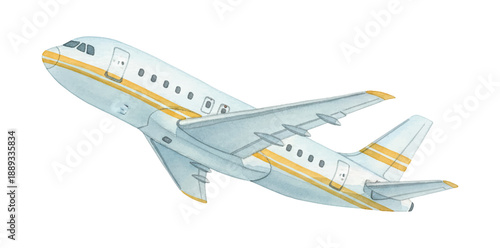 Watercolor illustration of a white passenger airplane flying with yellow stripes for travel and transport