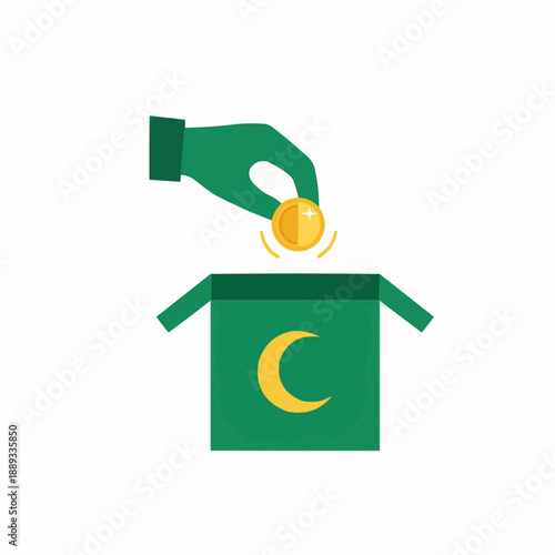 Green Hand Dropping Gold Coin into Zakat Box with Crescent Moon Icon