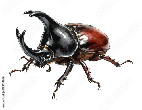 Detailed Rhinoceros Beetle Illustration with Dark Horns and Reddish Brown Body on White Background