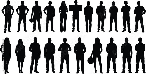 Silhouette of twenty diverse individuals in two rows holding objects symbolizing teamwork, diversity, lifestyle, identity, unity, and professional representation