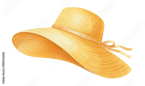 Elegant wide brim straw sun hat with ribbon bow isolated on white background watercolor painting