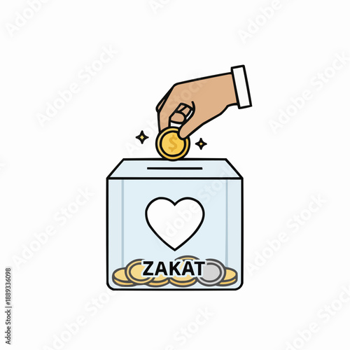 Zakat Charity Donation Box with Hand and Gold Coins Illustration