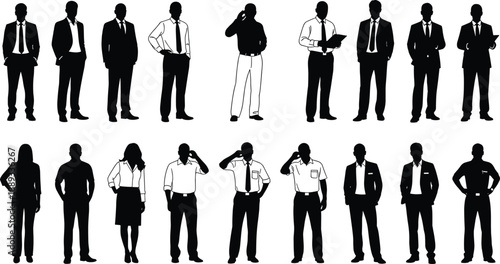 Silhouette of eighteen diverse business professionals in two rows symbolizing teamwork, corporate identity, communication, unity, diversity, and professional collaboration