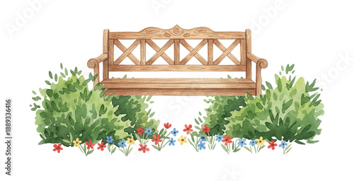 Charming wooden park bench nestled among green bushes and vibrant small flowers in a peaceful watercolor style