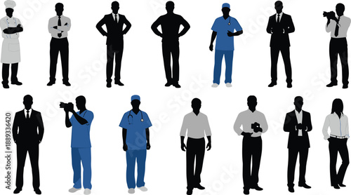 Silhouette of fourteen diverse professionals including doctor, chef, photographer, and businessperson symbolizing career diversity, teamwork, identity, and unity