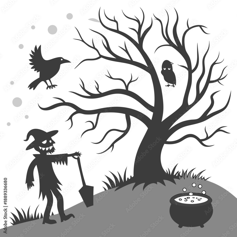 Fototapeta premium Halloween silhouettes featuring eerie characters like a haunted tree with a face, a menacing monster, a scarecrow, a flying crow, and bubbling cauldron