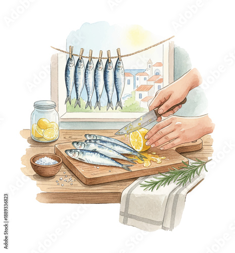 Hands slicing fresh lemon on a wooden board for cooking fish with a view of hanging fish and a sunny village
