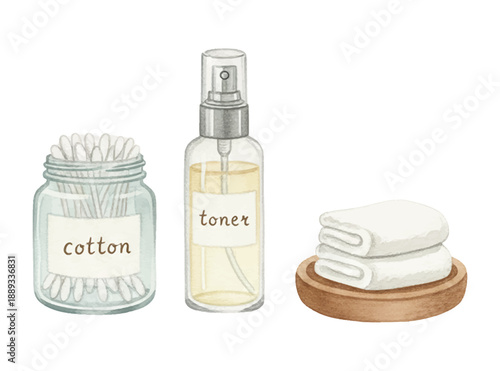Skincare routine items illustration with cotton swabs toner bottle and white towels on a wooden tray