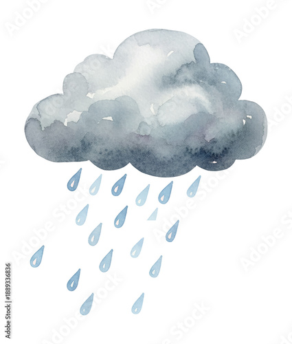 Soft grey cloud with blue raindrops falling a simple weather symbol in gentle watercolor style