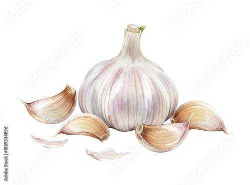 A detailed watercolor illustration of fresh garlic bulb with several cloves scattered around on white background