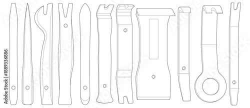 Vector illustration of automotive interior repair tools. Isolated on white. Black line design. Tool set.