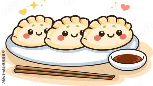 Cute kawaii gyoza dumplings with dipping sauce, smiling faces and rosy cheeks. Japanese food illustration in flat cartoon style with thick outlines and warm colors. 