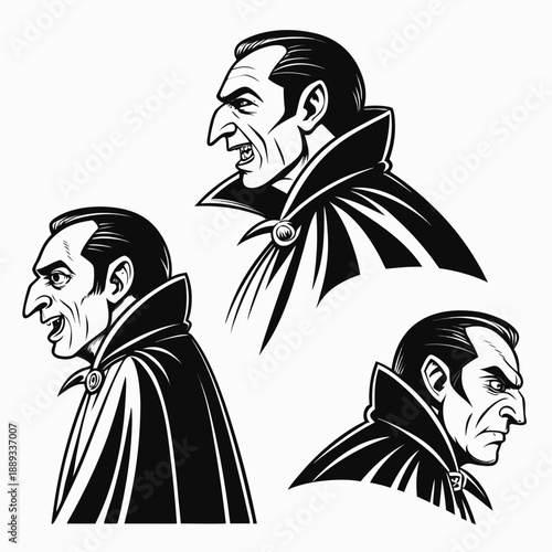 Black and white illustration of vampire character with fangs and capes in different poses and facial expressions silhouette