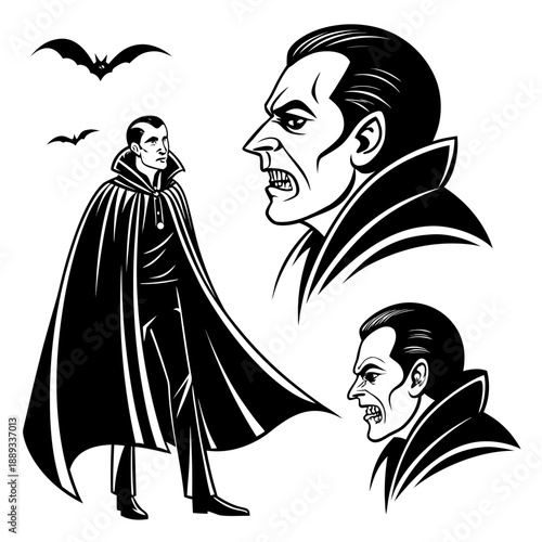 Black and white illustration of vampire character with fangs and capes in different poses and facial expressions silhouette