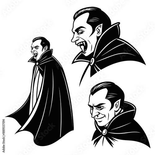 Black and white illustration of vampire character with fangs and capes in different poses and facial expressions silhouette