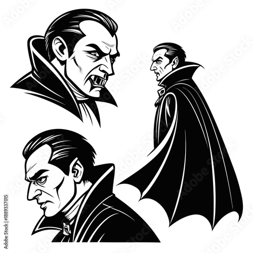 Black and white illustration of vampire character with fangs and capes in different poses and facial expressions silhouette