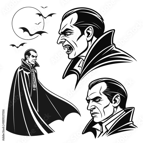 Black and white illustration of vampire character with fangs and capes in different poses and facial expressions silhouette