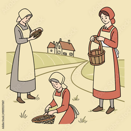 set of medieval peasant women, medieval era