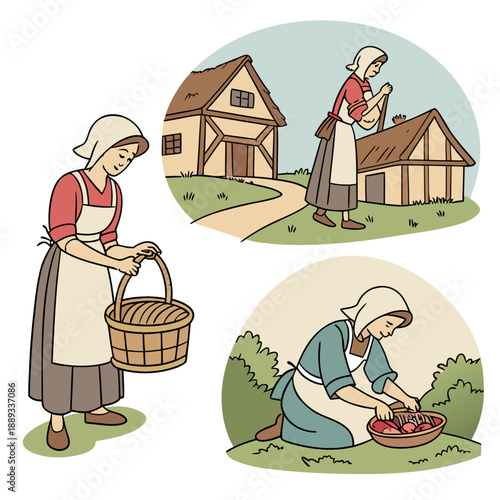 set of medieval peasant women, medieval era