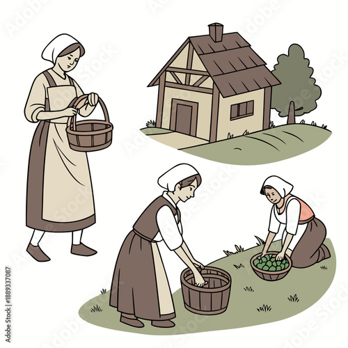 set of medieval peasant women, medieval era