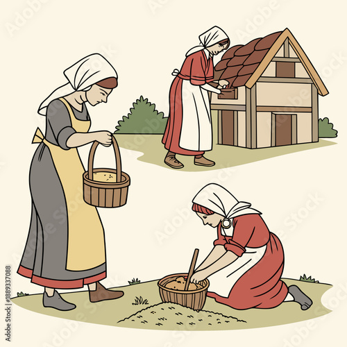 set of medieval peasant women, medieval era