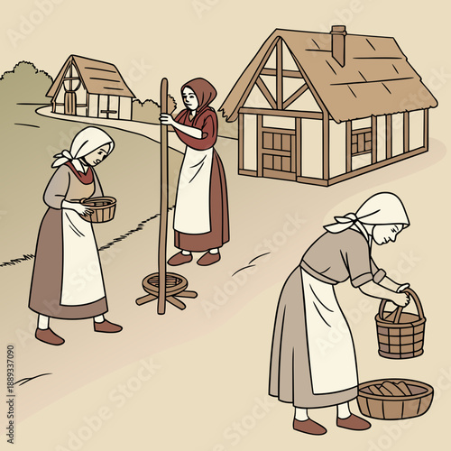 set of medieval peasant women, medieval era