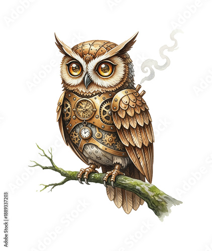 Steampunk mechanical owl with intricate gears and clock details perched on a branch emitting smoke a wise fantasy creature