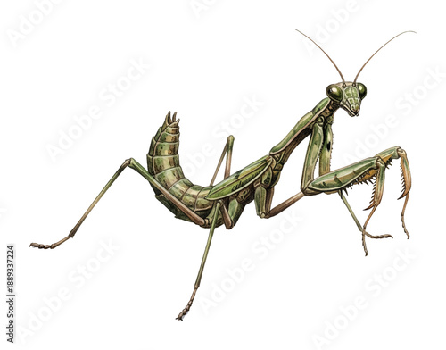 Detailed Green Praying Mantis Standing Still and Alert on a Plain White Background Illustration