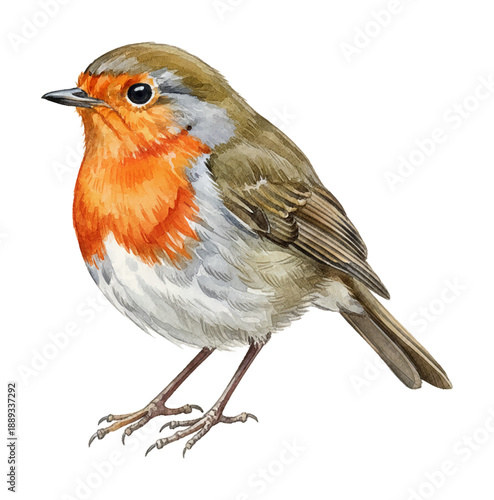 Cute European Robin Bird Watercolor Painting Standing Side View Bright Orange Breast Brown Feathers