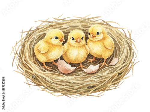 Three fluffy yellow baby chicks newly hatched in a cozy nest with broken eggshells on white