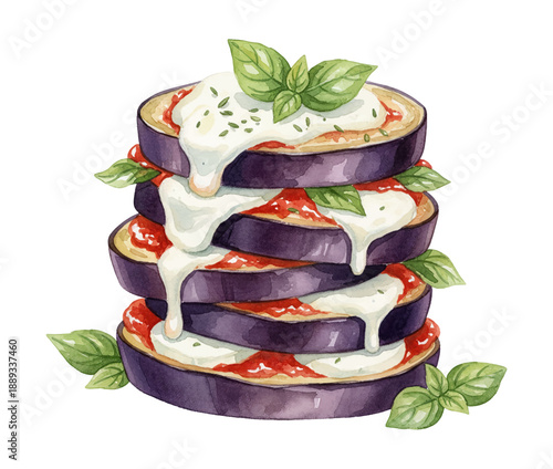 Delicious Eggplant Parmesan Stacked Layers with Melted Cheese Tomato Sauce and Fresh Basil Watercolor Food