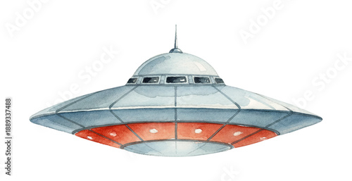 Watercolor flying saucer illustration with a grey dome and glowing red lights a vintage style UFO drawing