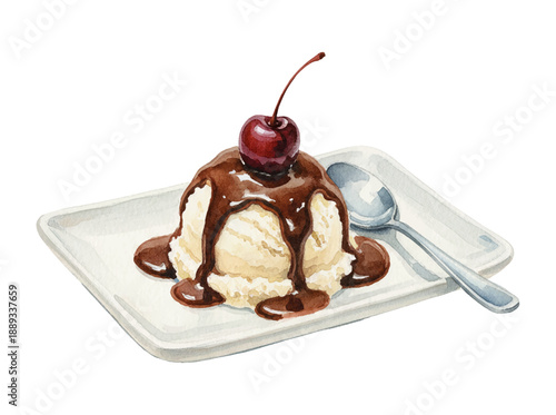 Delicious Vanilla Ice Cream Sundae with Rich Chocolate Sauce and a Bright Red Cherry on a White Plate with a Spoon