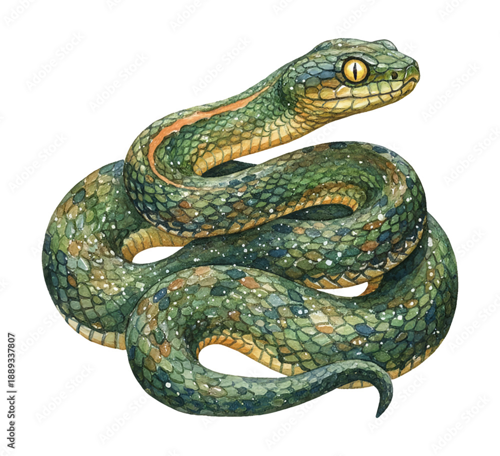 Fototapeta premium Green and brown snake with striking yellow eyes coiled in a detailed watercolor style artwork