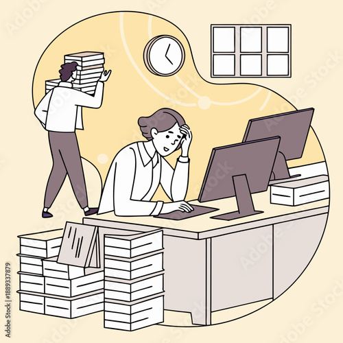 Stressed Office Worker Overwhelmed by Excessive Workload