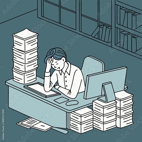 Stressed Office Worker Overwhelmed by Excessive Workload