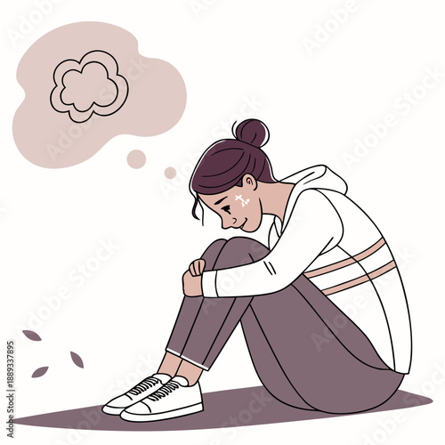 Postpartum depression. Sad tired woman sitting on the floor, crying and hugging her knees. Young mother needs psychological help. Mood disorder. Vector illustration in flat cartoon style.