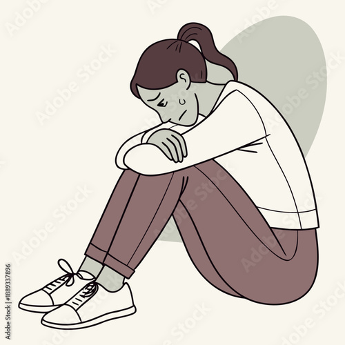 Postpartum depression. Sad tired woman sitting on the floor, crying and hugging her knees. Young mother needs psychological help. Mood disorder. Vector illustration in flat cartoon style.
