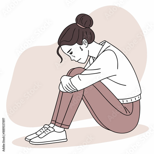 Postpartum depression. Sad tired woman sitting on the floor, crying and hugging her knees. Young mother needs psychological help. Mood disorder. Vector illustration in flat cartoon style.