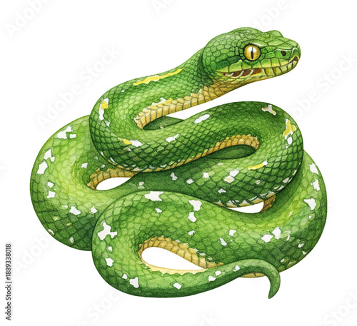 A green snake coiled up with a watchful gaze and vibrant scales detailed realistic illustration