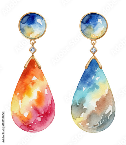 Elegant watercolor teardrop earrings with vibrant warm and cool blended colors and golden settings