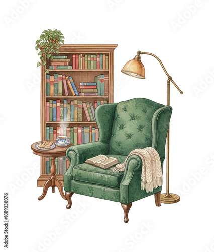 Cozy reading nook with green armchair open book warm tea cookies bookshelf and floor lamp