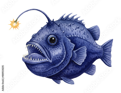 Deep sea blue anglerfish with glowing lure and menacing open mouth showing sharp teeth in a detailed illustration