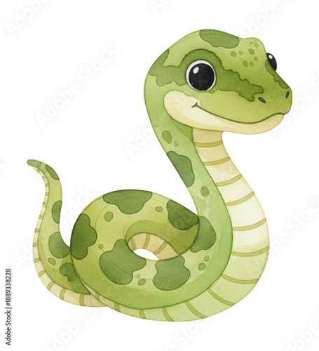 Cute green snake coiled and smiling happily looking sideways a friendly animal watercolor illustration