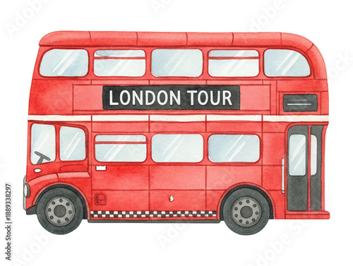 A Classic Red Double Decker London Tour Bus Isolated on White Background Watercolor Illustration