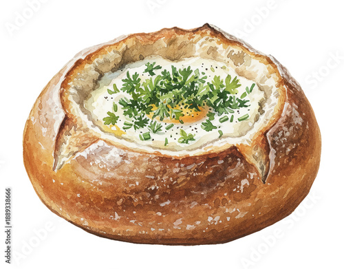Watercolor painting of delicious baked egg in a crusty bread bowl garnished with fresh green herbs