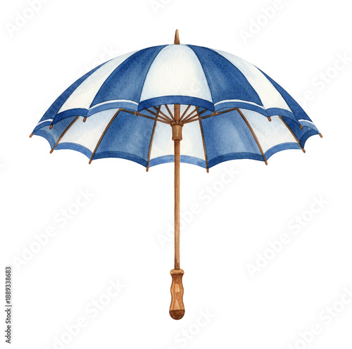 Classic blue and white striped umbrella with wooden handle watercolor illustration for summer and rain protection