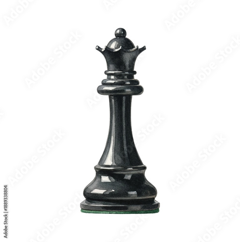 Elegant black chess queen piece standing upright detailed watercolor illustration traditional board game item