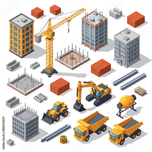 Isometric Construction Site Elements: Buildings, Cranes, Excavators, Trucks, and Materials for Industry.