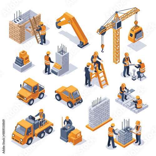 Isometric Construction Site Workers Building and Operating Heavy Machinery for Real Estate Development.